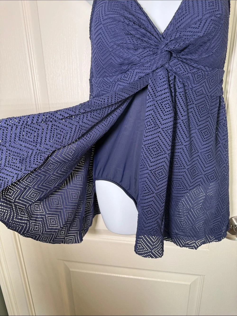 Navy Twist Front Swim Dress One Piece Lace Skirted Swimsuit Size 10